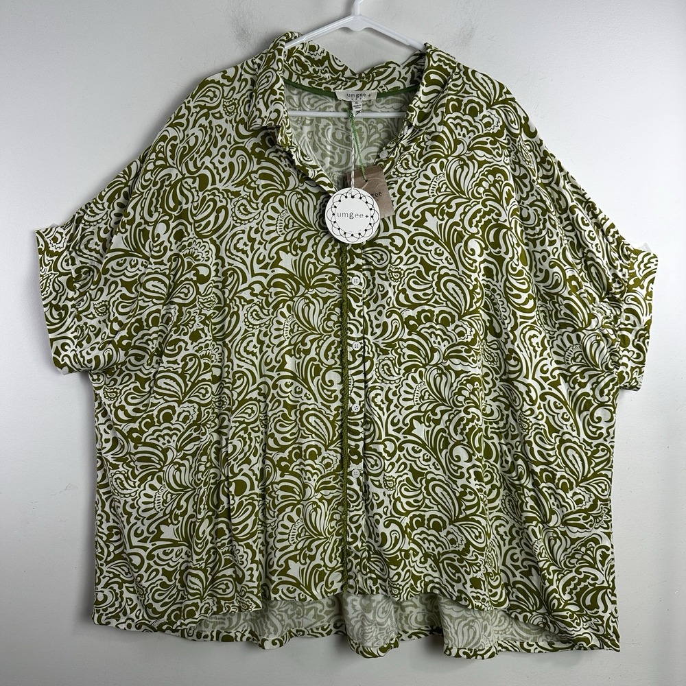 Umgee Plus XL Green Button Down Short Sleeve Shirt Fringe Trim Oversize Boho New